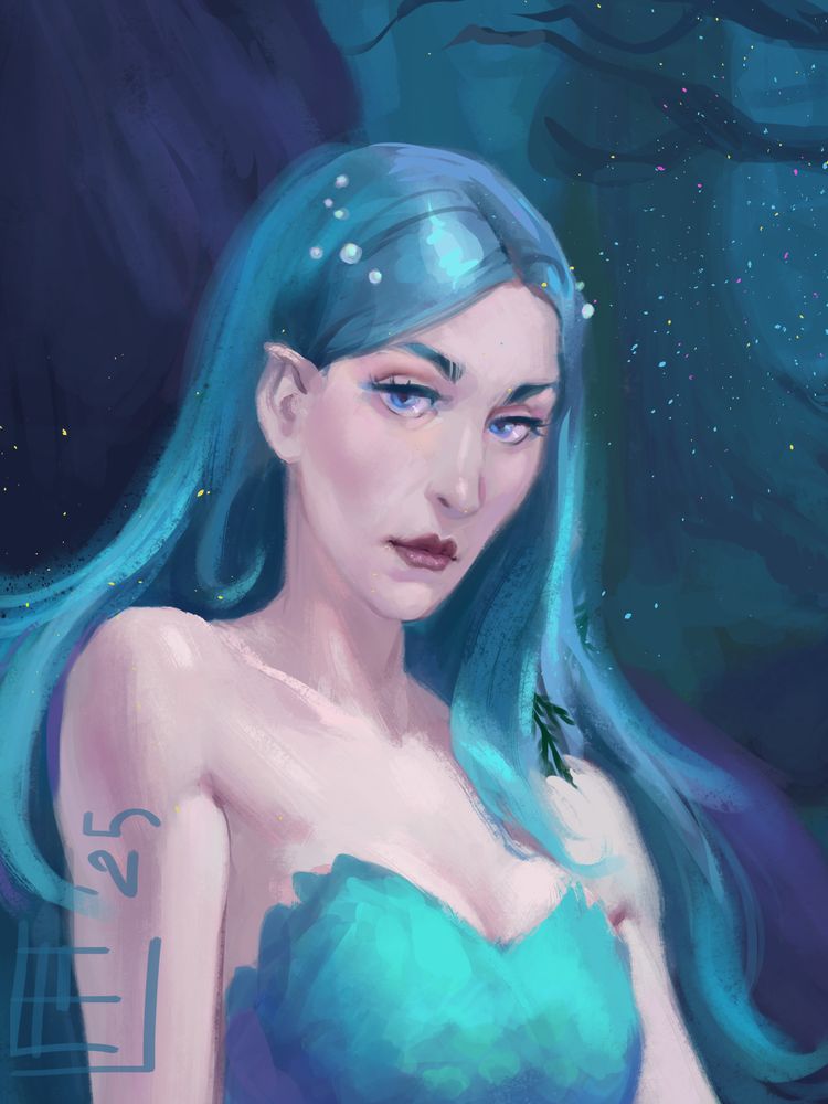 A close-up portrait of a teal-haired blue-eyed girl with very fair skin and pointy ears, it can be seen that she is wearing a teal dress and in her hair there are several pearls.
