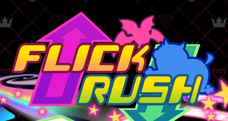 A bright, colourful logo for 'Flick Rush', a minigame in Kingdom Hearts 3D: Dream Drop Distance. The logo is in all-caps, and the kerning makes it look an -awful- dang lot like it says 'FUCK RUSH'