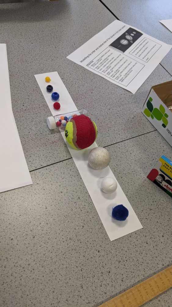 A symbolic model of the solar system in scale(ish!) using different sized balls, beads, and pom-poms.