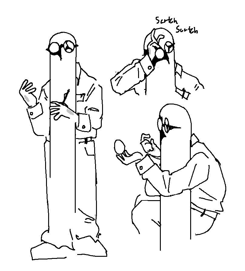 A man with in office attire with broken glasses and a face that stretches to the floor, reminiscent of spr_Redacted from UNDERTALE.