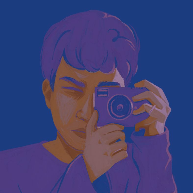 a drawing of myself holding a rangefinder camera to my eye, the colors used are in a limited palette of blue, purple and orange