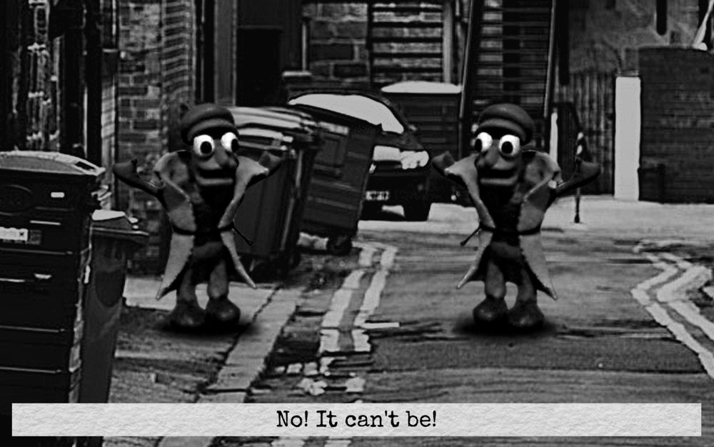 Dominique Pamplemousse meeting Dominique Pamplemousse and saying "No! It can't be!" in a black and white alleyway.