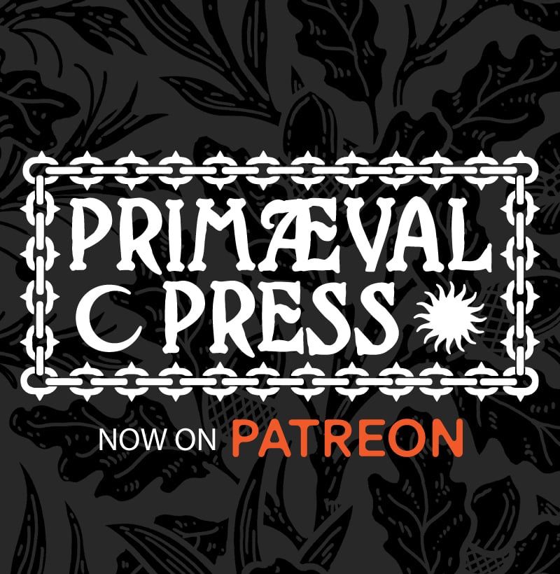 A graphic showing that Primaeval Press is on Patreon