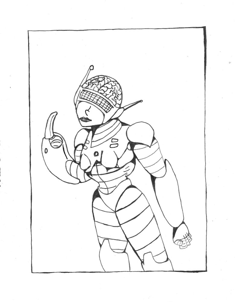 A Cyborg woman with a glass dome head exposing her brain