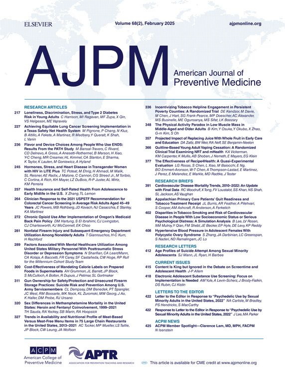 February 2025 cover for AJPM, which features a list of the articles available at accompanying link 