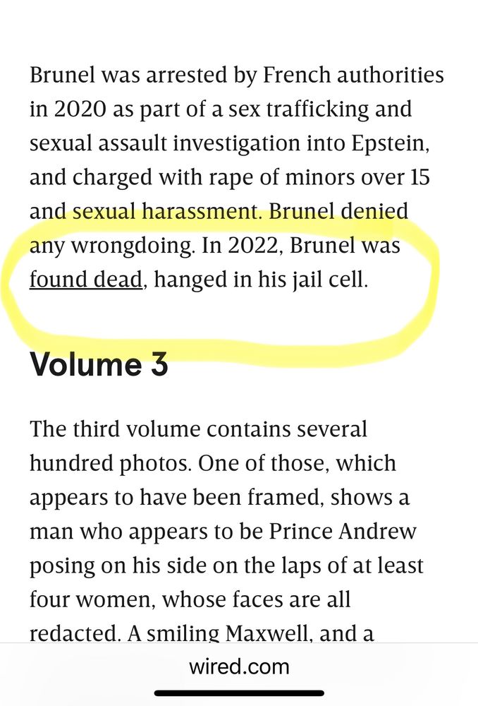 Excerpt that says, “Brunel was found dead, hanged in his jail cell.”