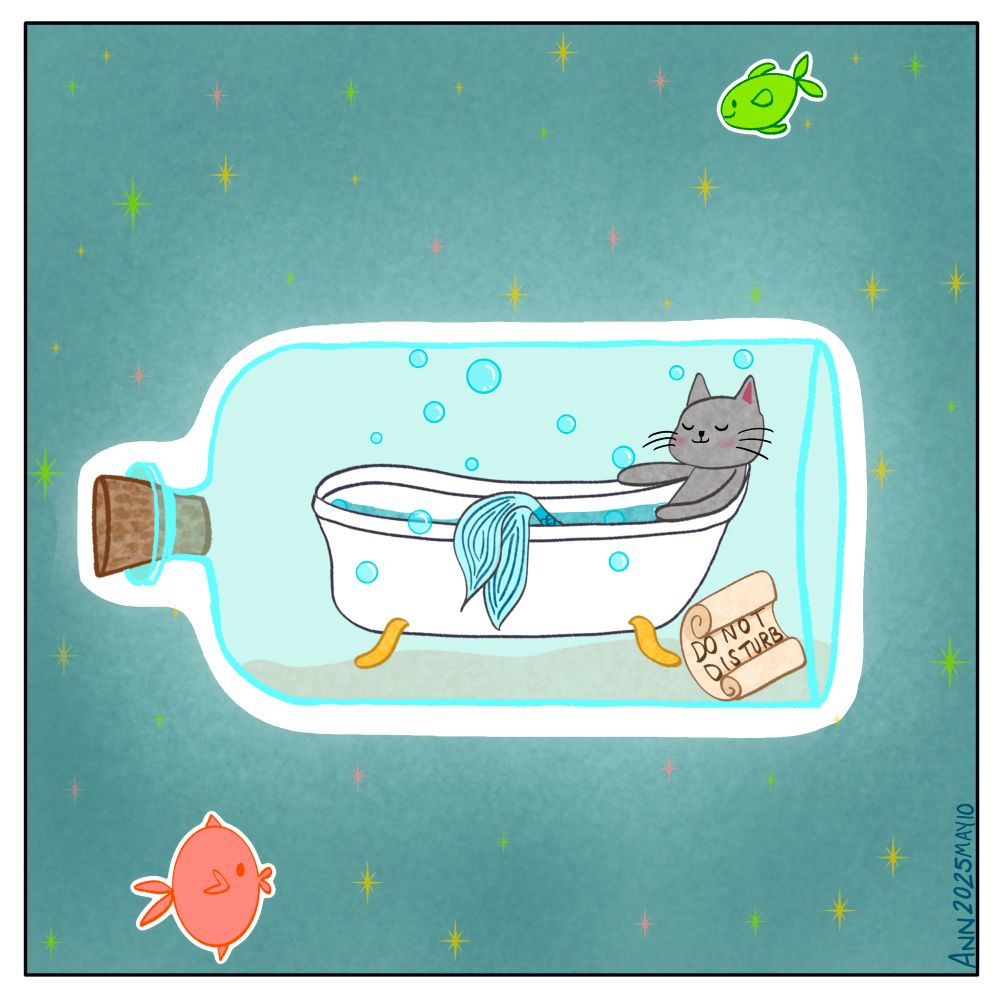 sticker outline of—-Message in a bottle style - there is a little cat mermaid sitting in a claw foot bathtub inside the bottle with a tiny scroll on the ground saying “do not disturb.  In the background are an orange and a green fish
