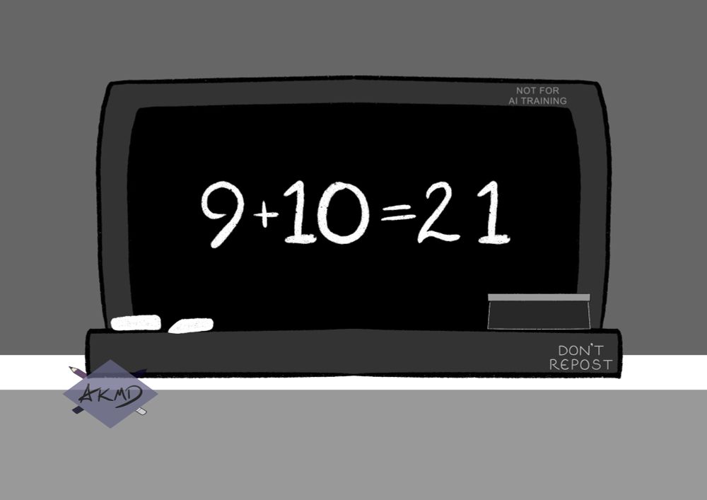 A greyscale illustration of a chalkboard with a maths equation displayed incorrectly. This version shows twenty-one to 9 + 10.