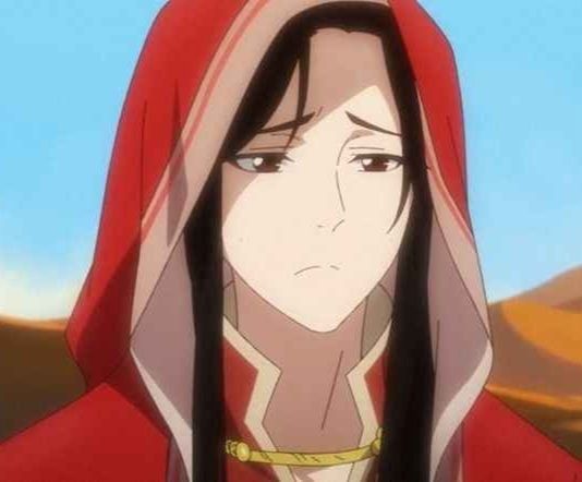 Foto usada como base para o redraw. Se trata de San Lang no donghua de Heaven Official's Blessing. Ele está com uma espécie de "capa" em cima da cabeça pra se proteger do sol intenso do deserto. Ele está com a expressão incomodada, levemente triste, de alguém que está sentindo muito calor e está cansado. Ao fundo, há um céu azul bem claro e dunas de areia em tons de laranja.