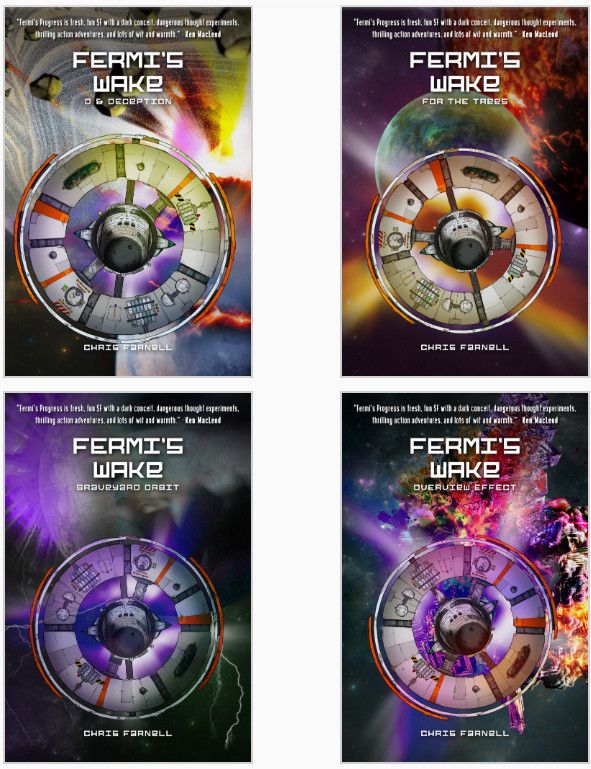 The covers of the four novellas that make up Fermi's Wake: D & Deception, For the Trees, Graveyard Orbit and Overview Effect.