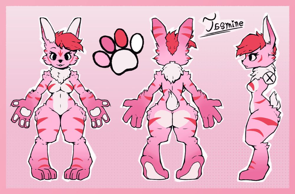 A reference sheet for a pink rabbit OC named Jasmine. She has red hair and tiger stripes.