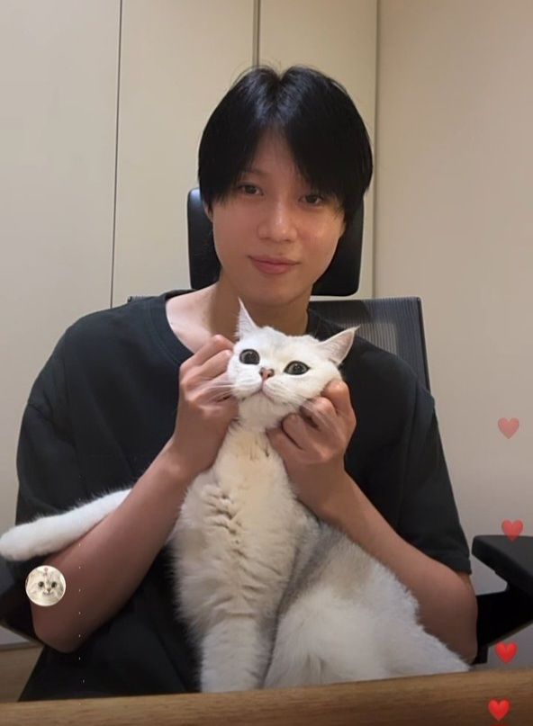 artist Lee Taemin and his cat, they're both facing the camera cutely 