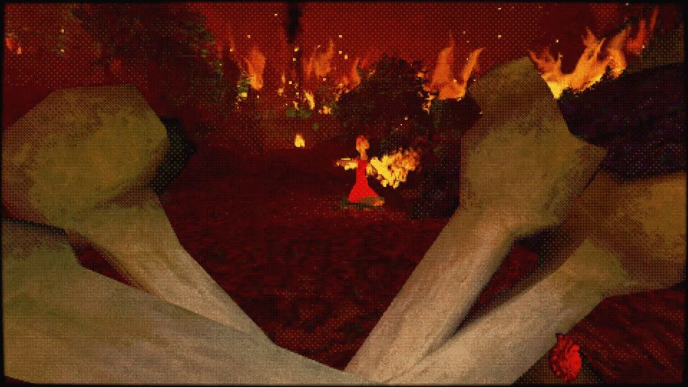 A forest and woman share one thing in common. They're on fire. The player is holding an assortment of bones.