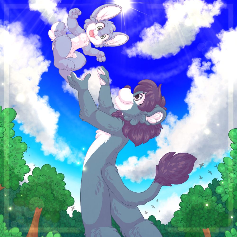 A lion parent is tossing his bunny kid up in the air, and am preparing to catch them again