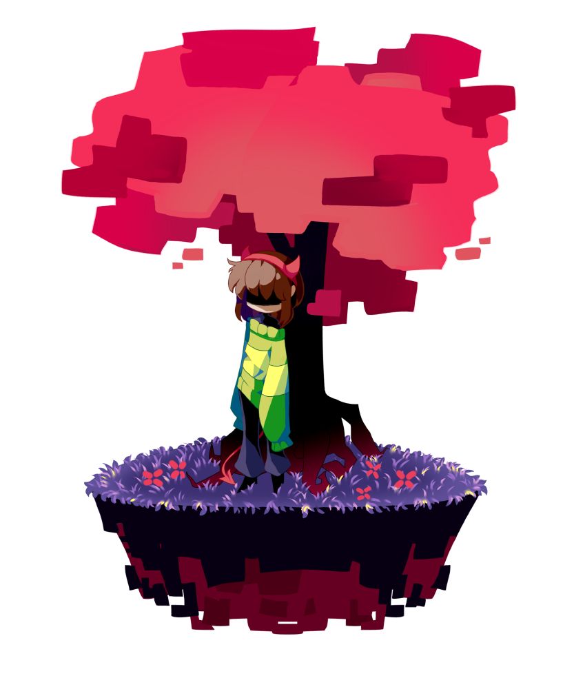 Deltarune Fanart of Kris Dreemurr as a child standing beneath a red tree. 