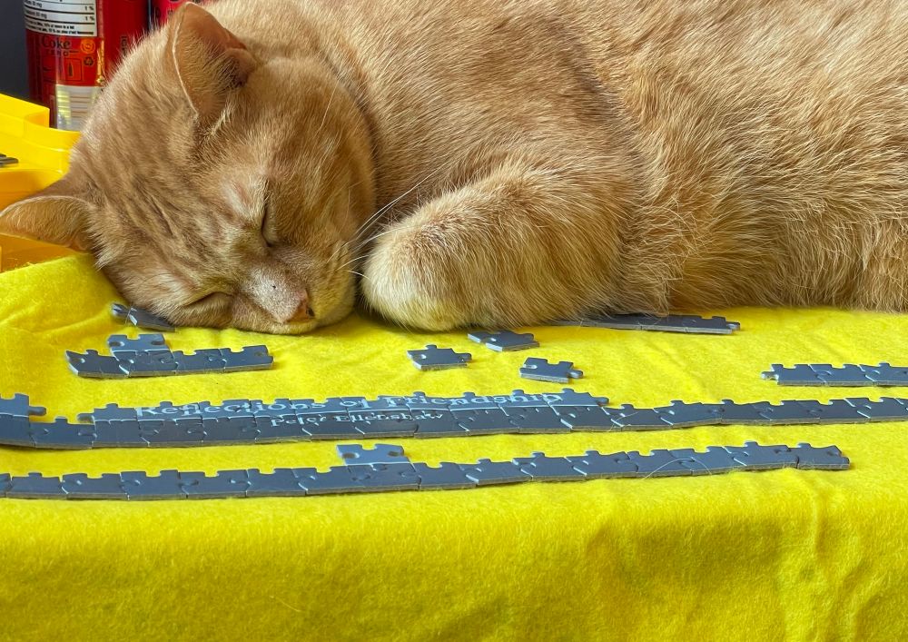 An orange tabby cat sleeping on a bright yellow felt puzzle mat, with an attempt at a blue border under him.
