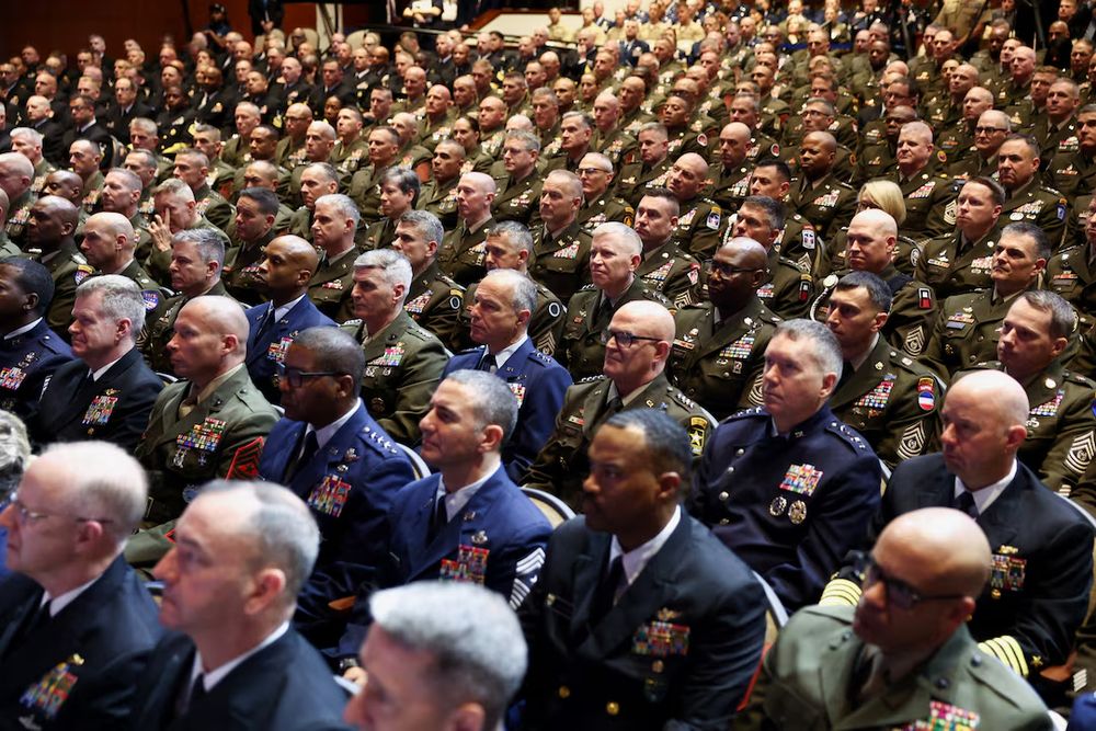 Photo of US Military Senior Leadership in the audience for a meeting in Quantico Virginia on 30 Sep 2025. The overwhelming majority of Generals & Sergeants Major are Caucasian and male.