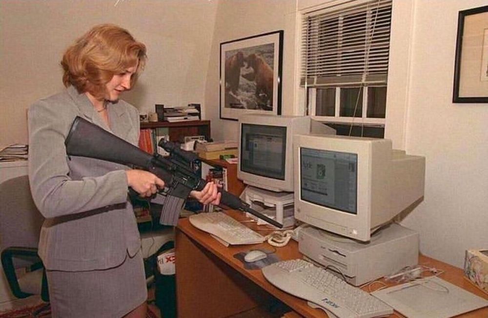 Lady with rifle, pointing it at the computer