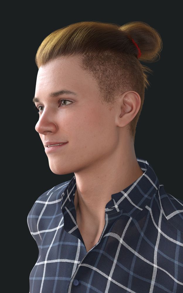 3D render of Gabe, a brunet white man with brown eyes. He has his hair cut extremely short at the sides, with the long top tied up with a red string in a man-bun. He wears a dark blue checked shirt and is smiling at something off-camera.
