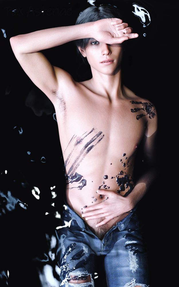 3D render of Jude, a black-haired, brown-eyed man in stark highlights. His jeans are partially undone and he's shirtless, lying back and partially submerged in strange black water. There are water spatters on his stomach, and wet marks on his body like hands have been grabbing at him. One hand shields his eyes, the other rests on his stomach, and his mouth is sensuously open.