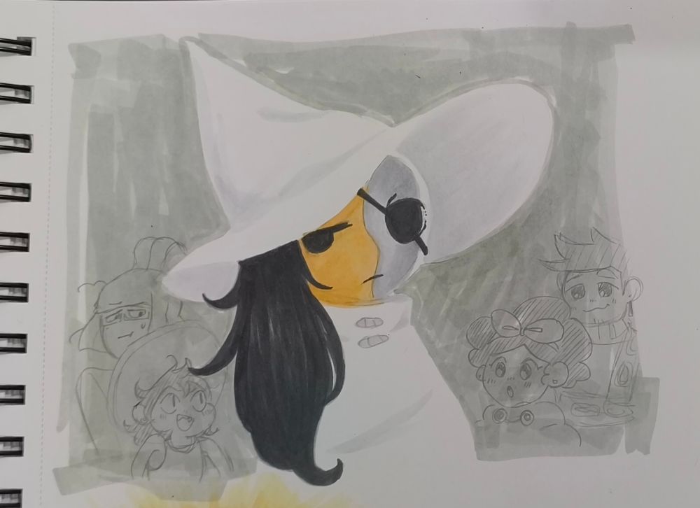 Marker drawing of Midd (a streamer) as Sif looking un-amused in the middle and the other cast (from left to right: Odile bothered by Bonnie's hat, Bonnie excitedly looking at Sif, Mirabelle with a slightly surprised face looking at Sif, Isabeau also looking at Sif while smiling) behind in pencil. Characters are all from the video game In Stars and Time