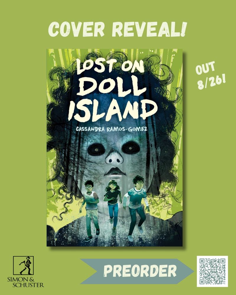 Cover Reveal for LOST ON DOLL ISLAND 
Cover shows three kids running away from a looming spooky doll face behind them.