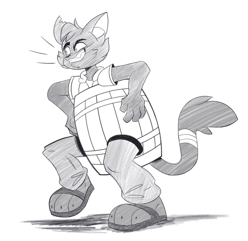 Rom tiptoeing while disguised in a barrel!