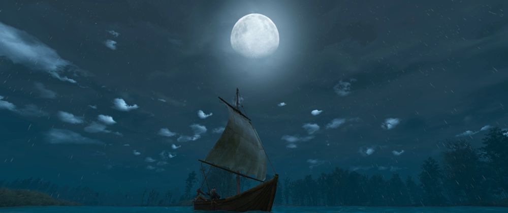 The Witcher 3: Geralt on a boat in the water. Raining with the moon and clouds in the sky.