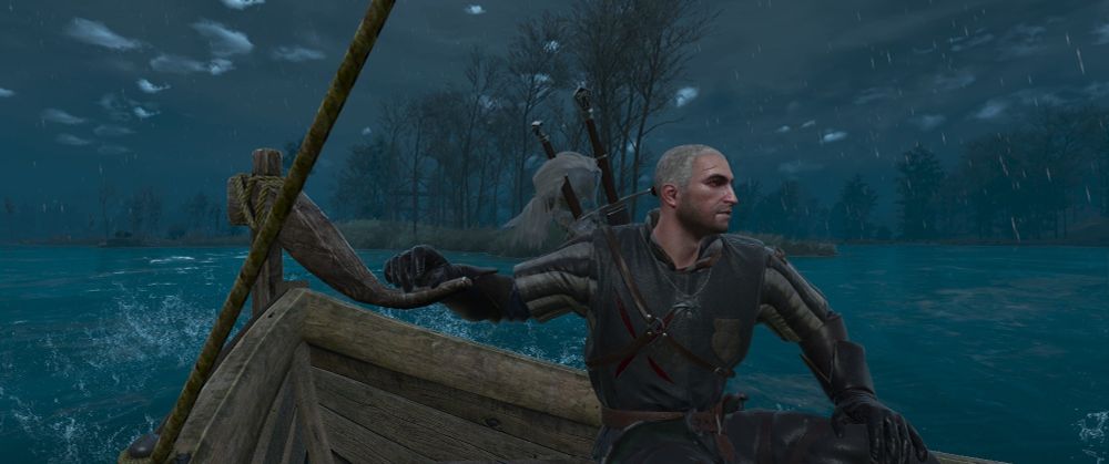 The Witcher 3: Geralt on a boat with some of his hair separated from his head/face and attached to his sword.