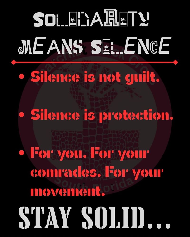 solidarity means silence

silence is not guilt
silence is protection 
for you. for your comrades. for your movement.

stay solid...