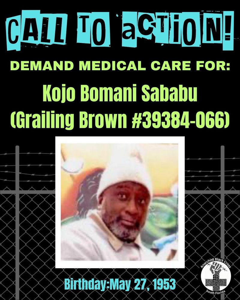 Call to Action!
DEMAND MEDICAL CARE FOR:
Kojo Bomani Sababu (Grailing Brown #39384-066)
Birthday:May 27, 1953