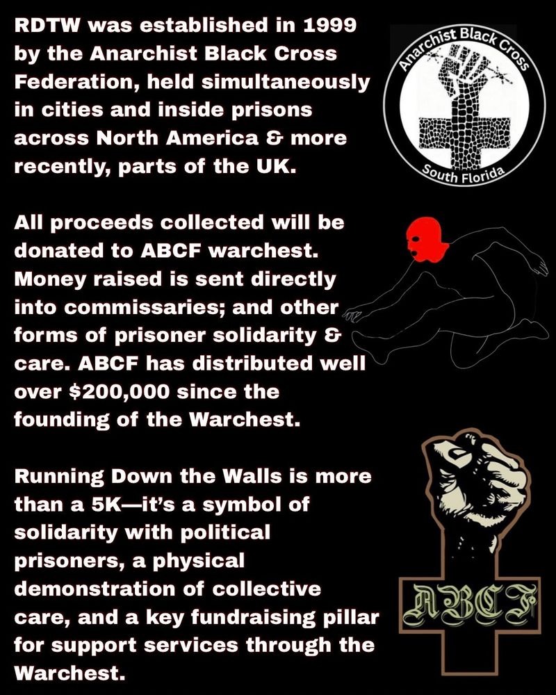RDTW was established in 1999 by the Anarchist Black Cross Federation, held simultaneously in cities and inside prisons across North America & more recently, parts of the UK.

All proceeds collected will be donated to ABCF warchest. Money raised is sent directly into commissaries; and other forms of prisoner solidarity & care. ABCF has distributed well over $200,000 since the founding of the Warchest.