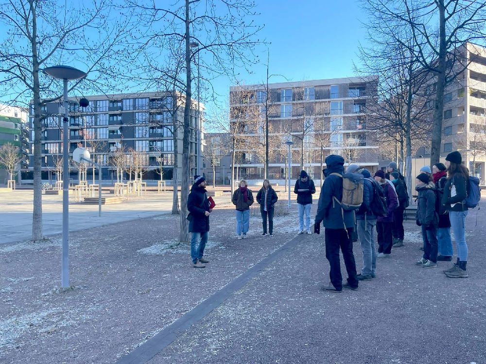 Students visit a black-globe weather station to measure human thermal comfort on a newly planned public plaza in Basel