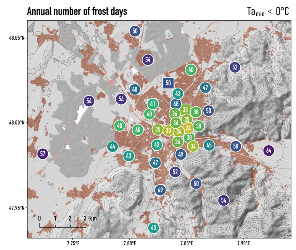 The map of Freiburg, Germany shows the number of frost days with a minimum air temperature below 0°C in the city of Freiburg and its surroundings as measured by a street-level sensor network in 2022-2023. Credits: Marvin Plein and Andreas Christen, Chair of Environmental Meteorology, University of Freiburg, sensor network supported and funded by ERC Grant urbisphere