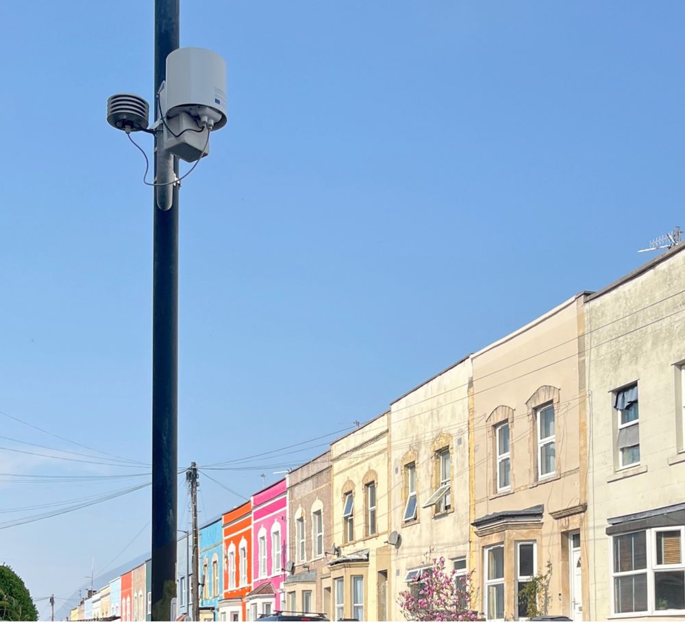 A weather station on a lamp-post measures at 3 m in a typical street canyon, here in the Windmill Hill neighborhood. Data are transmitted every 5 minutes over the cell-phone network and shared as open-data as part of several UK and EU research projects enhancing urban-scale weather and climate modelling.