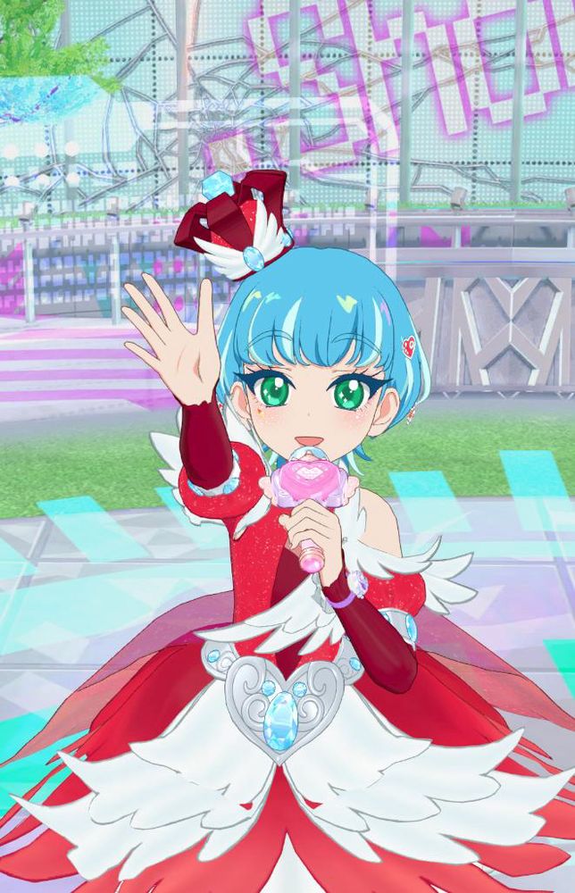 やや俯瞰構図のマイキャラ　マイクを顔に向けている