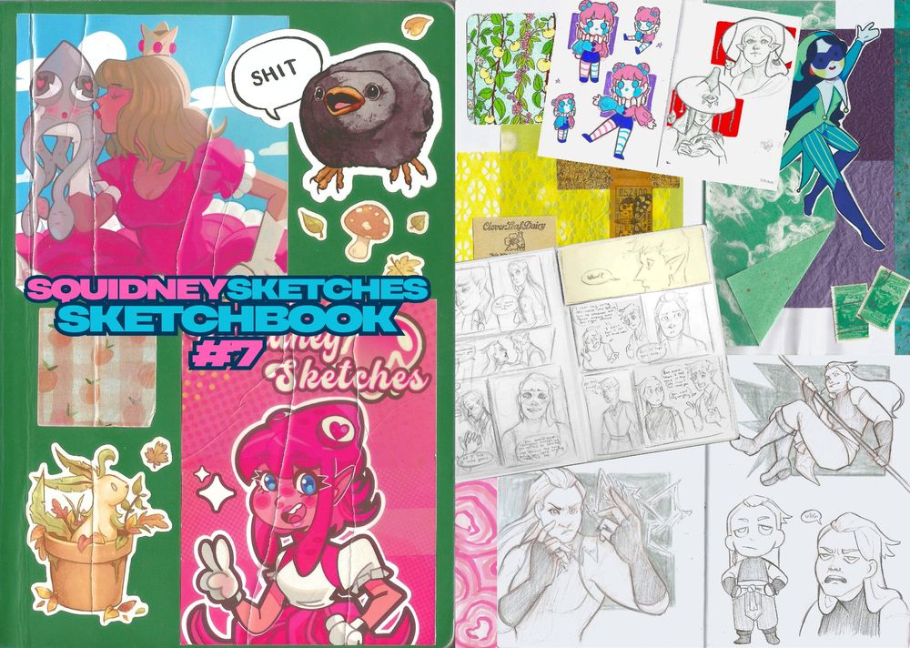 the front cover of Squid's #7 sketchbook along with previews of pages within the sketchbook such as comics, character spreads, scrapbooking and project plans 