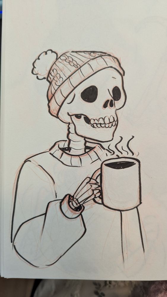 Skeleton drinking coffee in a wool hat