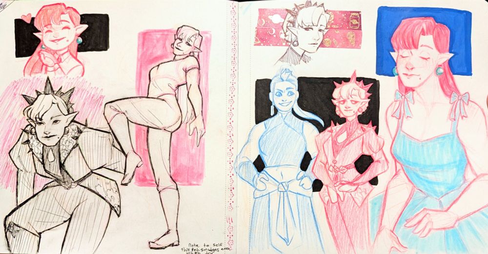 Left to right
A small busy chibi of Juniper clasping her hands with a closed eye smile, there is a heart next to her
Juniper is in her fighting outfit and kneeling down ready to strike
A life drawing pose repurposed to be Juniper who calmly has her leg raised, balancing on one foot and leaning back
Headshot of Juniper in fighting attire looking to the audience
Misuna drawn in blue pencil and Juniper drawn in pink. They stand next to each other smiling, Misuna has her hands on her hips while Juniper holds her hands delicately in front of herself
A larger drawing of Juniper in a bluish green dress with bows on the straps. Her eyes are closed with a peaceful expression