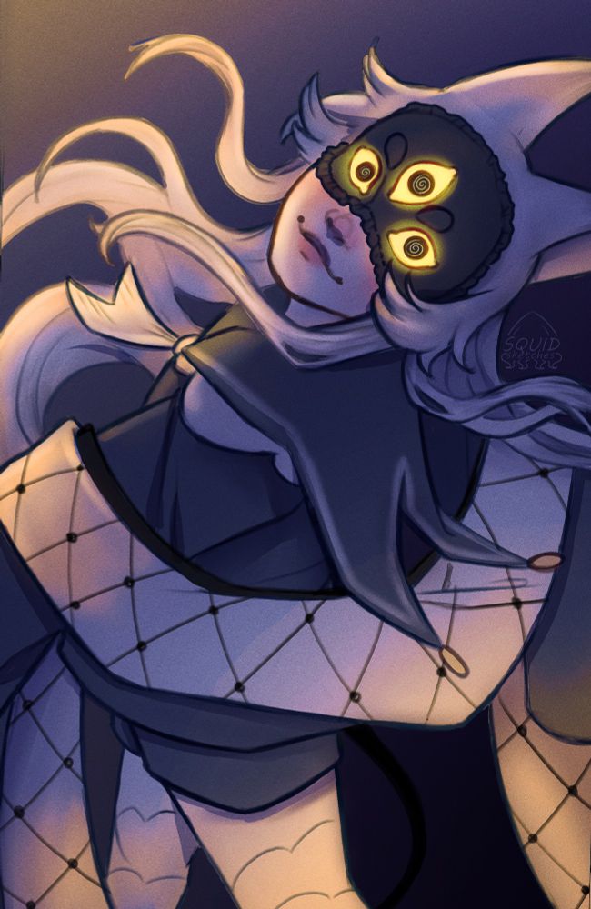 illustration of zhnkoii_ persona leaning back and looking over their shoulder, their eyes glowing and staring at the audience 