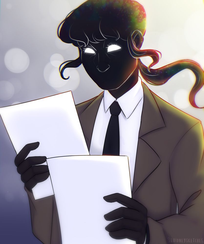 Liz admiring drawings their coworkers have made of them