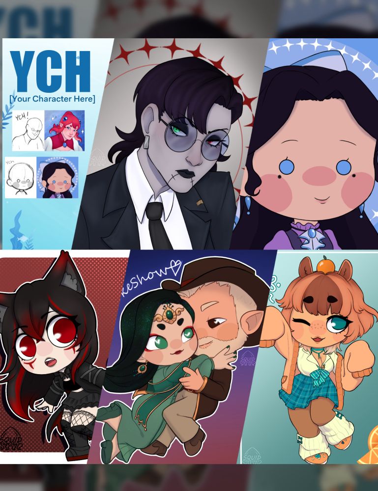 a collage of illustrations, showcasing some of Squidneys YCH and chibi art