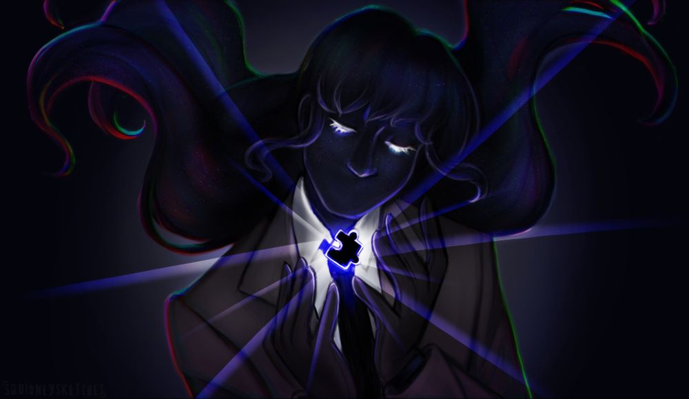 Digital painting of the cosmic character Liz has their hair floating behind them as they cradle a floating puzzle piece that shines through the piece