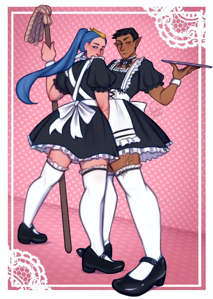 Misuna and Neeko stand bodies facing each other wearing maid outfits, Misuna holding a mop, Neeko holding a tray. They are both looking at the camera with a pink background 