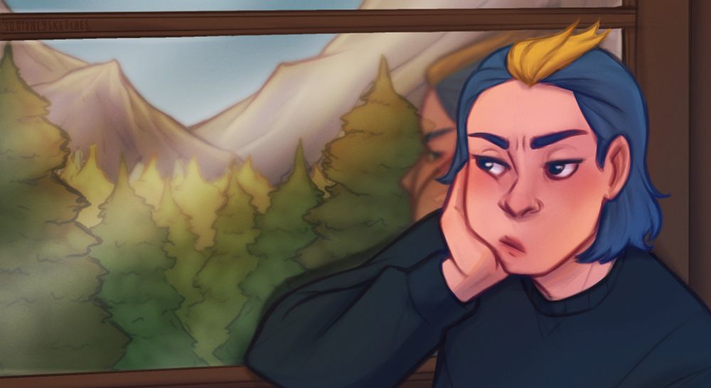 Younger Misuna with her arm resting on a window as she stares out glaring 