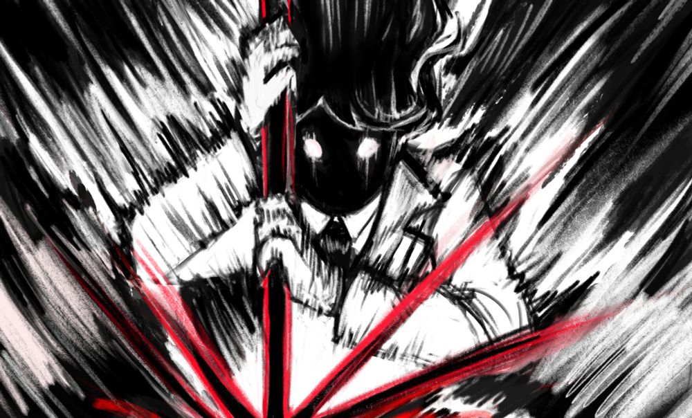 Character Liz is striking down as the impact bursts out in an impact frame with a red glow and black and white 