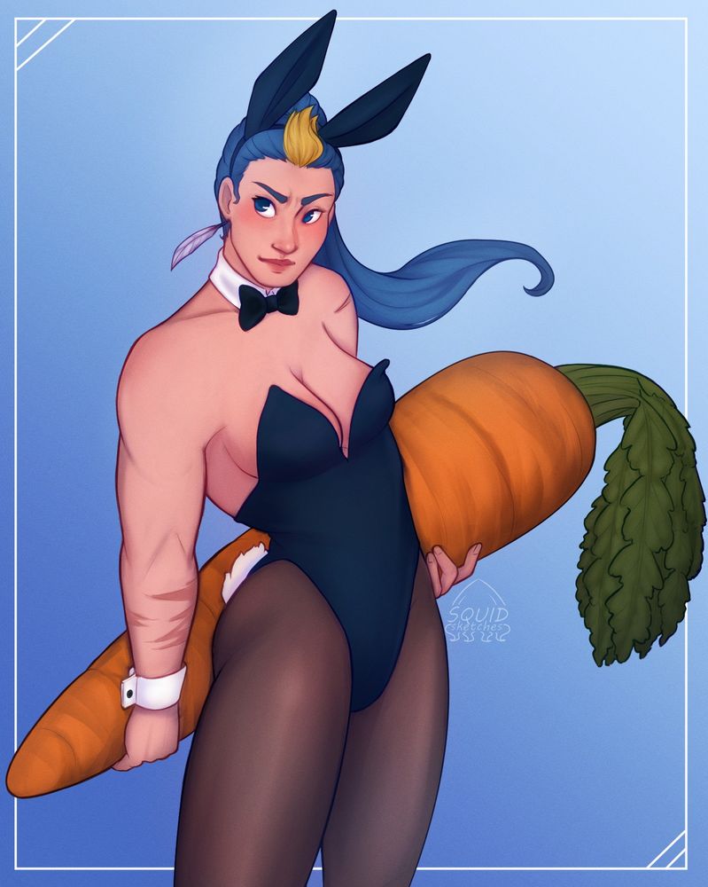 Misuna is in a bunny suit holding a giant carrot behind her back as she looks up at the camera with a blue gradien backdrop