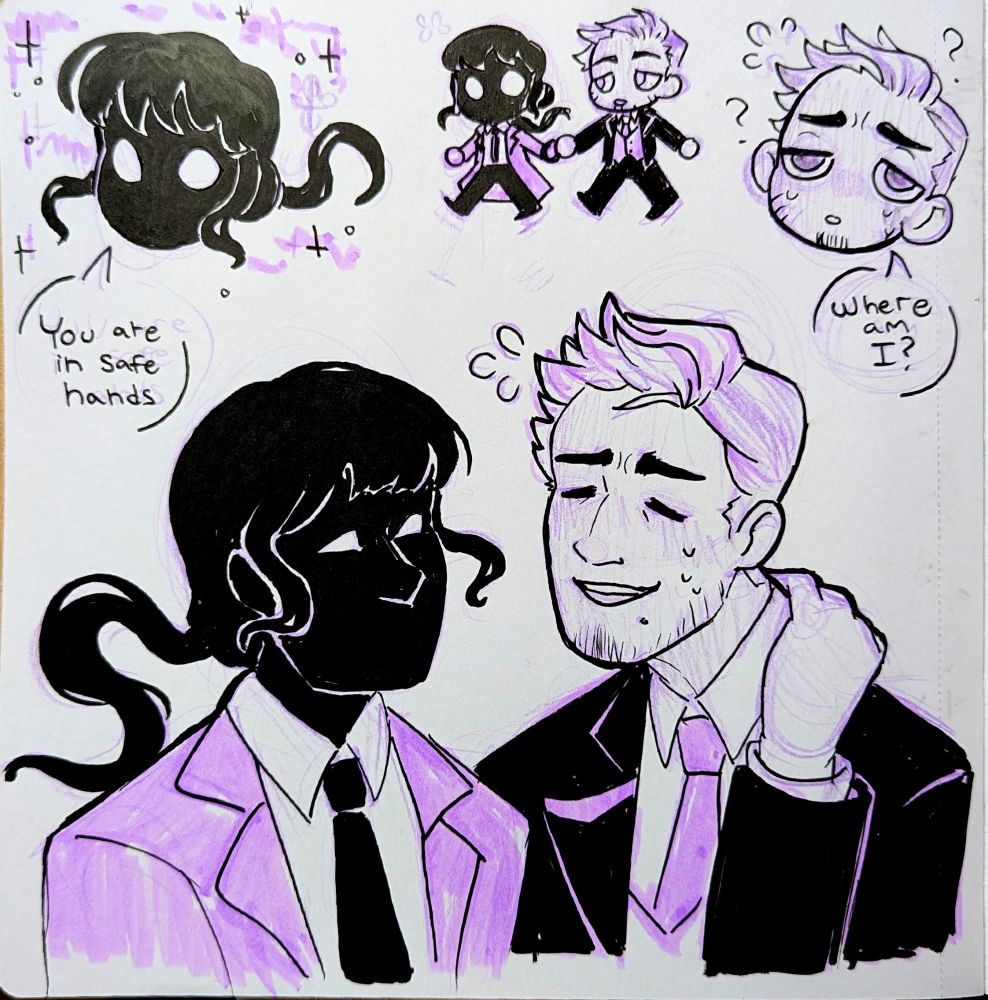 Top left is a chibi headshot of Liz saying "You are in safe hands" with sparkles and space vibes around them
Top middle is chibi Liz and Andre holding hands as Liz leads him around
Top right is Andre as a chibi headshot, confused and saying "where am I?"
Then there is the larger main image where Liz and Andre are together, Liz is offeri g a squint eye smile and Andre has his hand on his neck as he deals with not having his memories for an hour