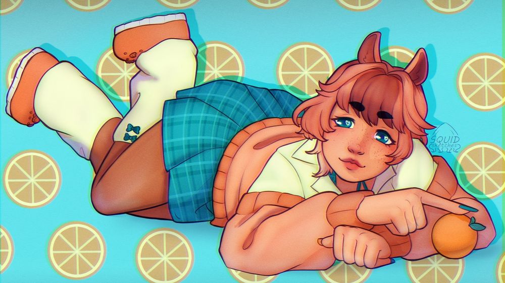 Commission of character Cindy laying on her stomach playing with an orange across a patterned background 