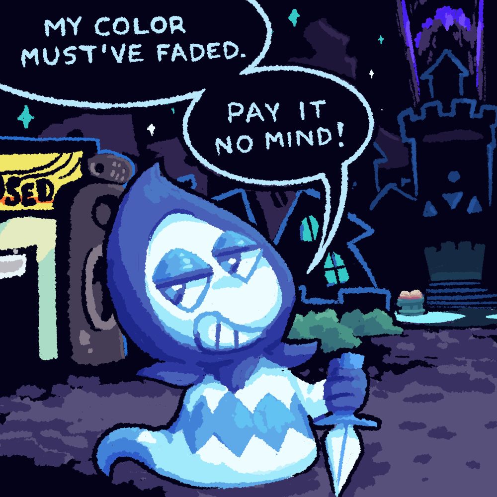 A blue Rudinn from Deltarune is standing in the Castle Town dark world in front of the closed music shop, saying "My color must've faded. Pay it no mind!"